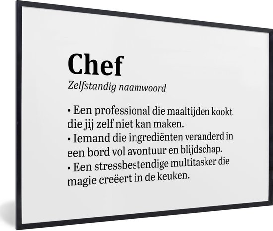 Fotolijst incl. Poster - Definitie - Kok - Chef - Koken - Woordenboek - Keuken - Betekenis - Spreuken - Tekst - 90x60 cm - Posterlijst