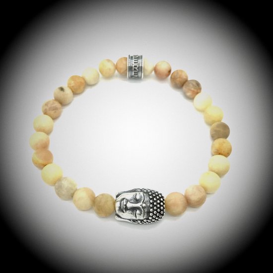 Bracelet en Natuursteen avec breloque bouddha/bouddha en Argent sterling 925 de 13 grammes d' Argent , Bracelets de perles de pierres précieuses faites à la main avec des perles de 8 mm (pierre de soleil mate).