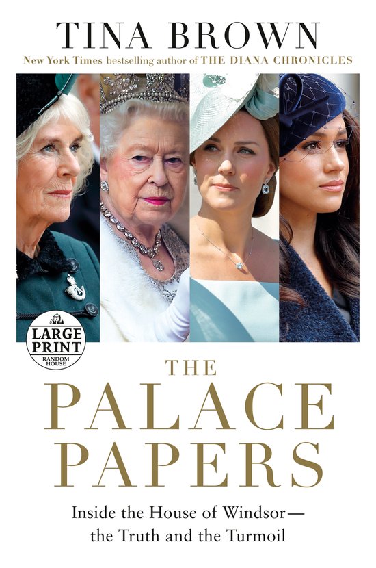Boekomslag met vier portretten van koninklijke vrouwen: Camilla, Koningin Elizabeth, Kate Middleton en Meghan Markle. Titel: The Palace Papers.