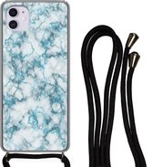 Telefoonkoord - Telefoonketting - Hoesje met koord Geschikt voor iPhone 11 - Marmer print - Turquoise - Wit - Siliconen - Crossbody - Telefoonhoesje met koord