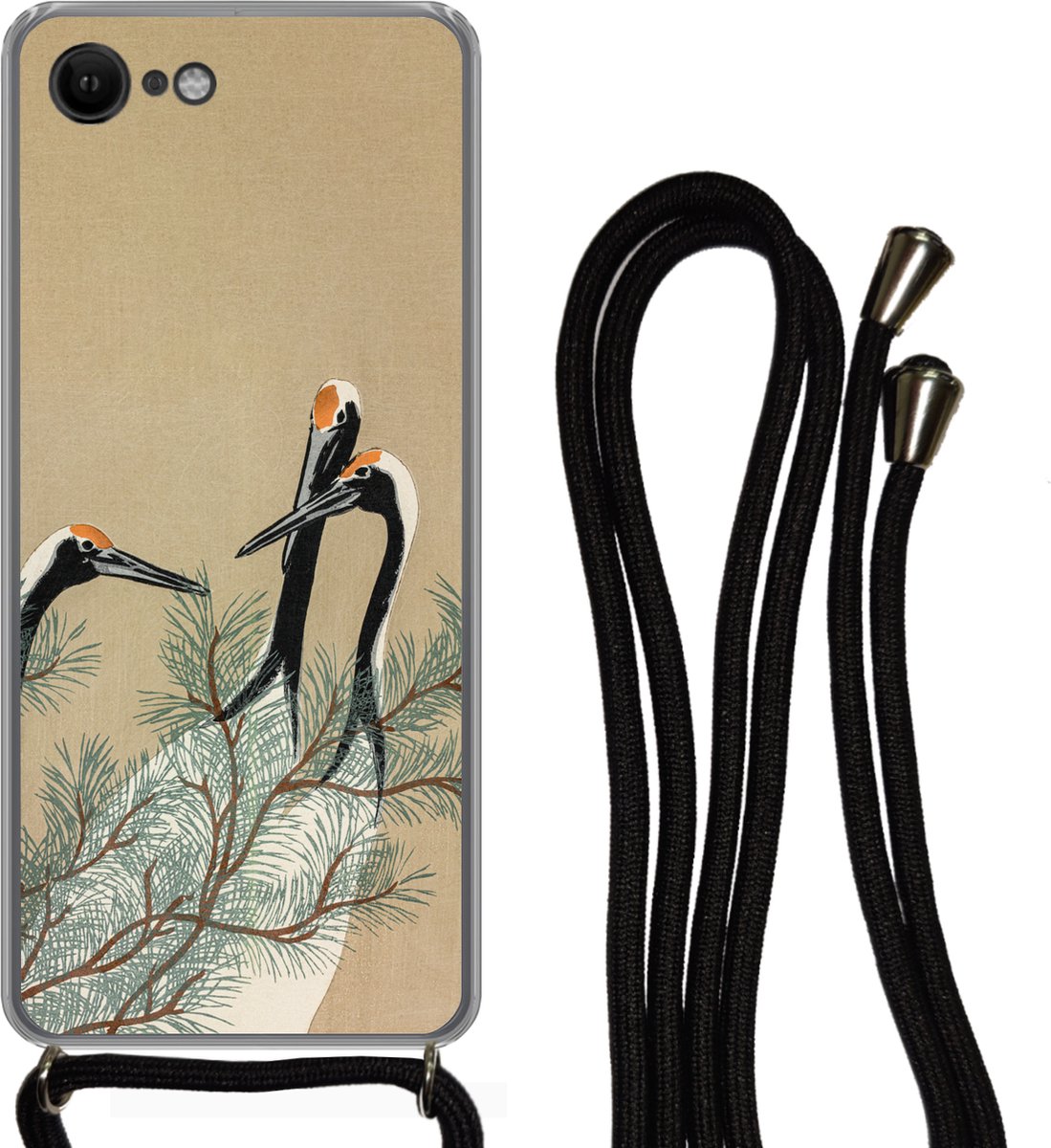 Telefoonhoesje Geschikt voor iPhone SE 2020 - Bladeren - Kraanvogel - Dieren - Scandinavisch - Japan - Siliconen - Crossbody - Backcover met Koord - Telefoonhoesje met koord - Hoesje met touw Telefoonhoesje