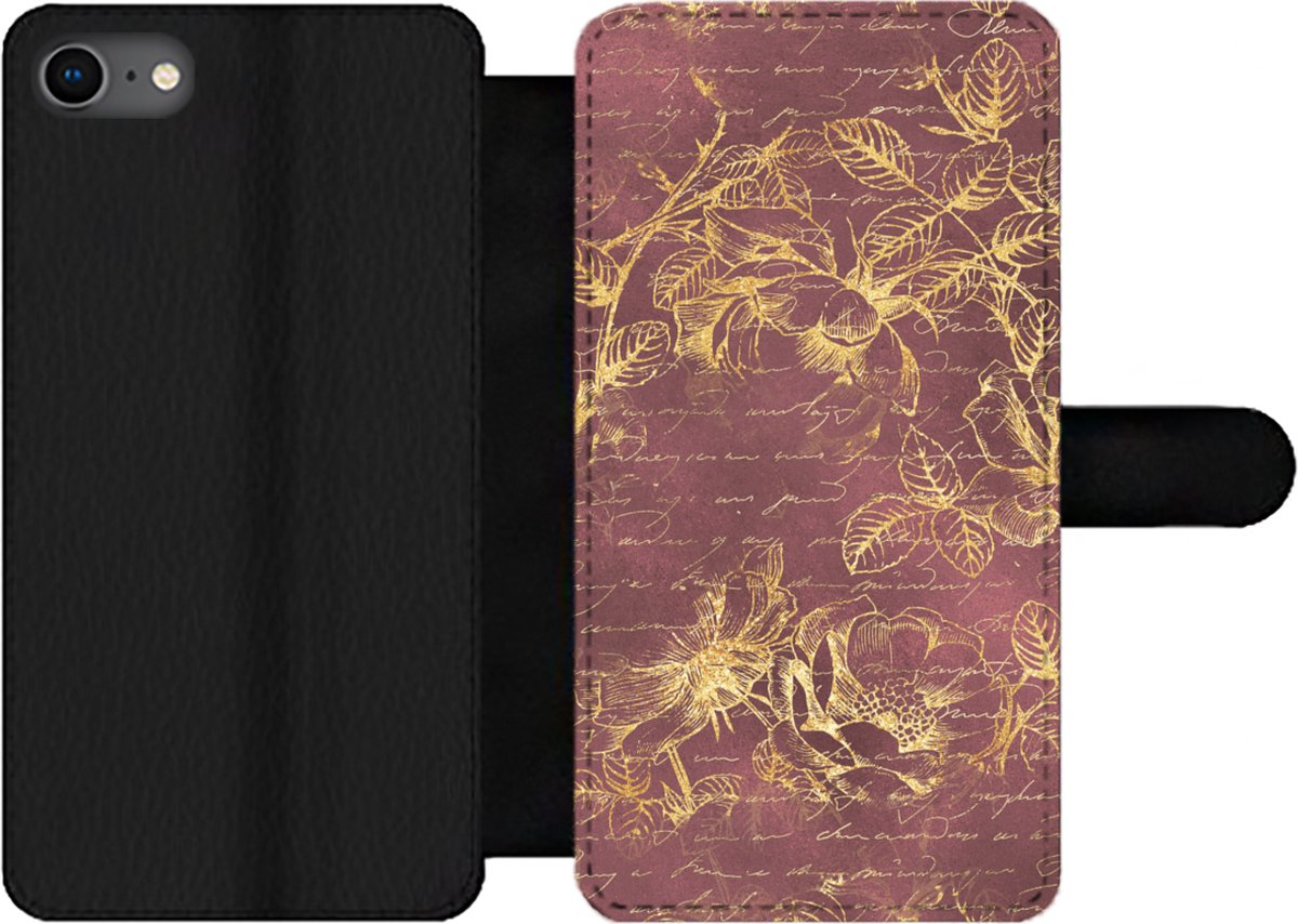 Telefoonhoesje Geschikt voor iPhone 7 telefoonhoesje - Bloemen - Bladeren - Gold - Met vakjes - Wallet case met magneetsluiting