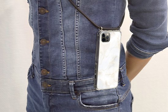 Cordon téléphonique - Chaîne téléphonique - Coque avec cordon iPhone 13 Pro Max - Marbre - Wit - Jaune - Siliconen - Bandoulière - Coque pour téléphone avec cordon