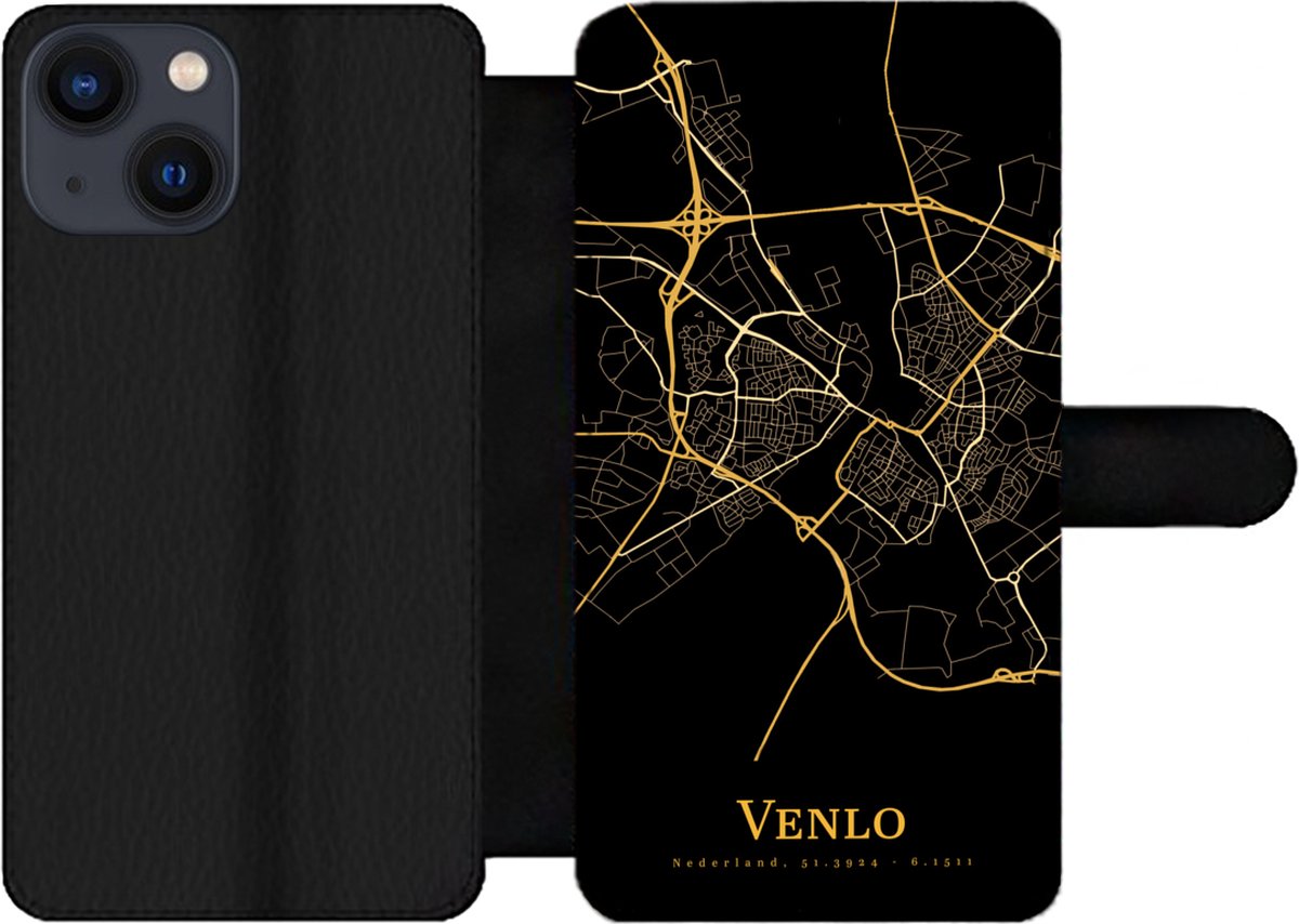 Telefoonhoesje Geschikt voor iPhone 13 Mini telefoonhoesje - Venlo - Kaart - Black & gold - Met vakjes - Wallet case met magneetsluiting
