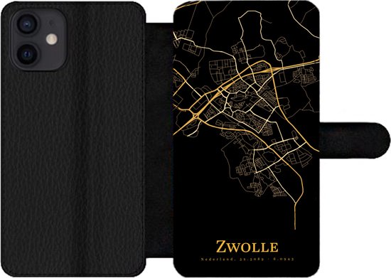 Étui pour téléphone iPhone 12 Bookcase - Zwolle - Carte - Or - Avec compartiments - Étui portefeuille avec fermeture magnétique