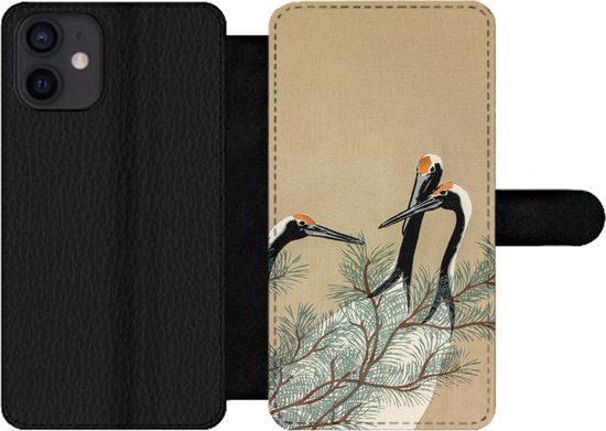 Étui pour téléphone iPhone 12 Bookcase - Feuilles - Grue - Animaux - Scandinave - Japon - Avec poches - Étui portefeuille avec fermeture magnétique
