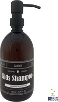 Zeepdispenser | Zeeppompje | Kidsshampoo | amber plastic | 500ml | Vintage label | Mat zwart metaal pomp | PET