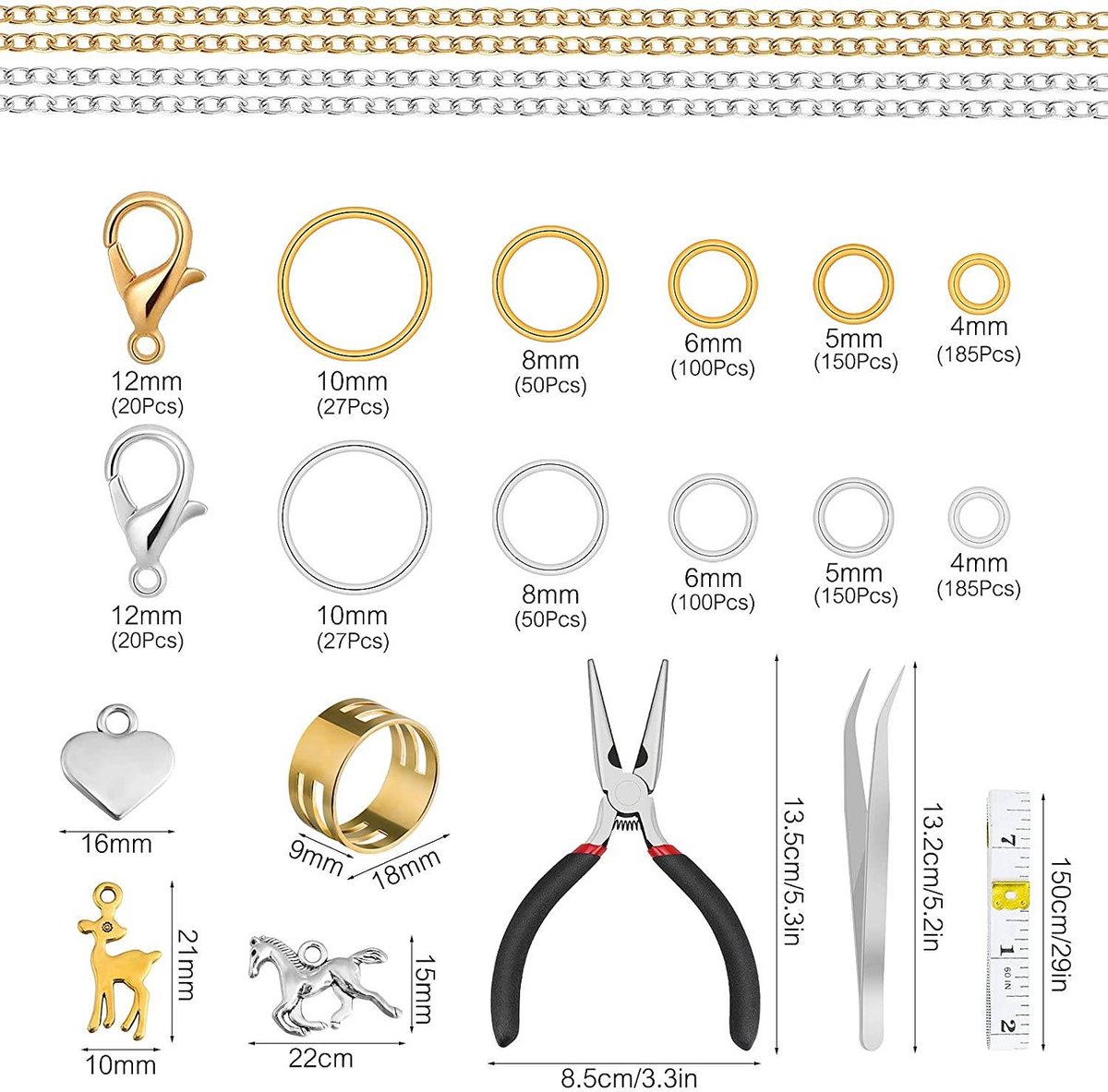 Kit Chaîne Fabrication Bijoux 5m Argent Et Doré - 144 Pièces Avec Fermoirs Et Outils