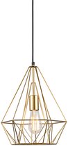 Gouden geometrische hanglamp met een dunne zwarte kabel, close-up van de open kooi-achtige structuur.