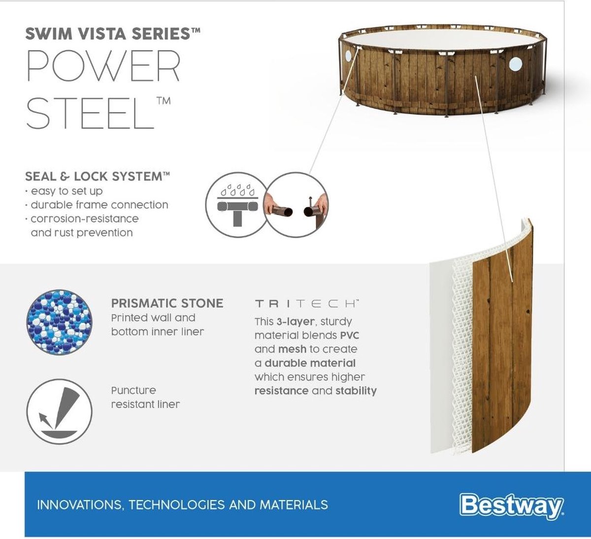 Bestway - Power Steel Swim Vista - Opzetzwembad inclusief filterpomp en accessoires - 488x122 cm - Houtprint - Rond — afbeelding 19