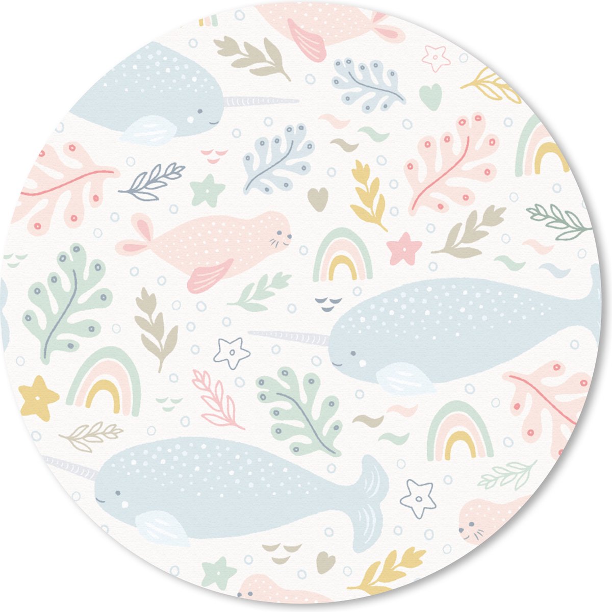 Muismat rond 40x40 cm - Mousepad Narwal - Zeehond - Regenboog - Dieren - Ronde muismatten