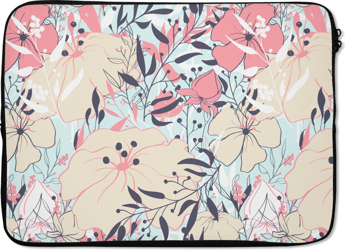 Laptophoes 13 inch - Vintage - Bloem - Roze - Patronen - Laptop sleeve - Binnenmaat 32x22,5 cm - Zwarte achterkant