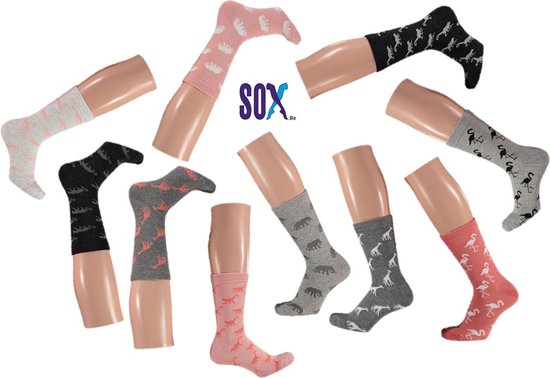 CRAZY SOX 10 PACK Multipack Dames Felle tekening Flamingo/Animals Grijs en Roze Maat 37/42 in katoen