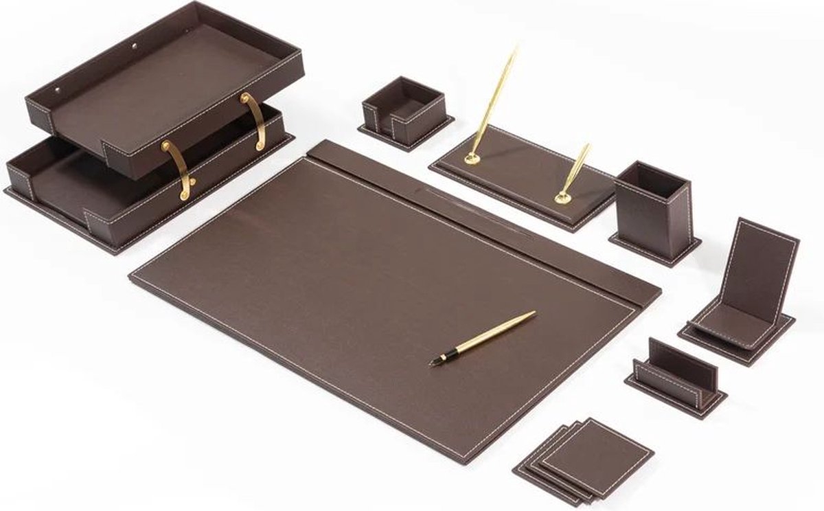 Lederen bureau Set -BRUIN - Bureau accessoires Set - 12 Accessoires - Office Desk Organizer Set - handgemaakte lederen bureau set - Manager Gift