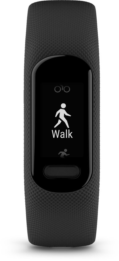 Zwarte activity tracker met scherm dat een wandelicoon en de tekst 'Walk' toont.