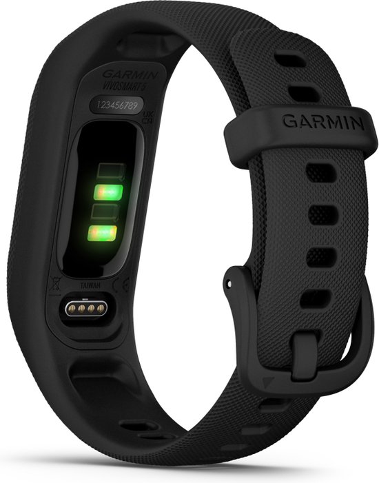 Zwarte Garmin Vivosmart 5 activity tracker, achterkant met sensoren en oplaadpunten.