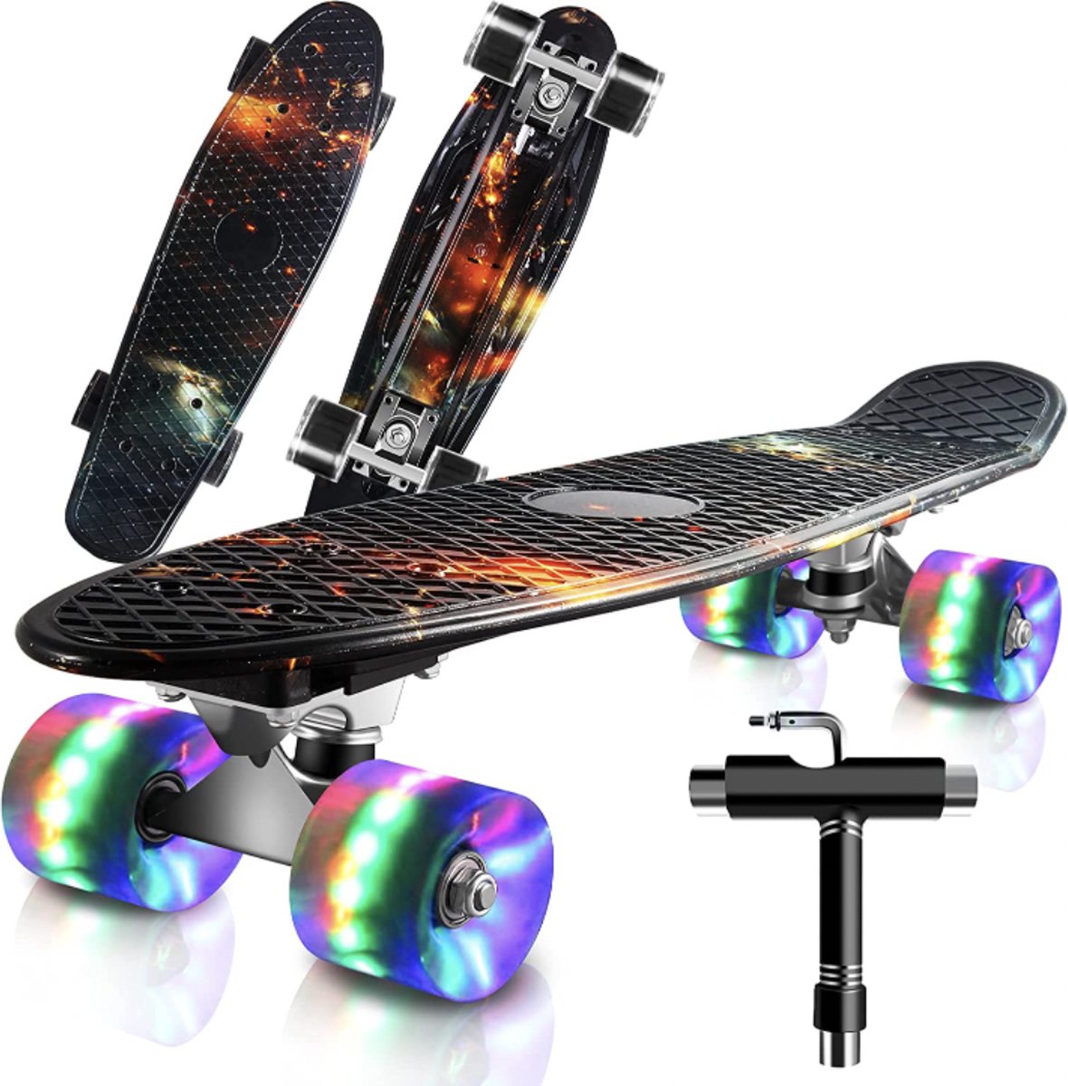 Saramond Skateboards Compleet 55 cm Mini Cruiser Retro Skateboard voor kinderen Jongens Meisjes Jeugd Volwassenen Beginners, LED Knipperende Wielen met Alles-in-één Skate T-Tool