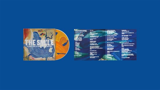 Cd-hoesje met abstracte, blauwe en gele kunst. Titels van liedjes zichtbaar.