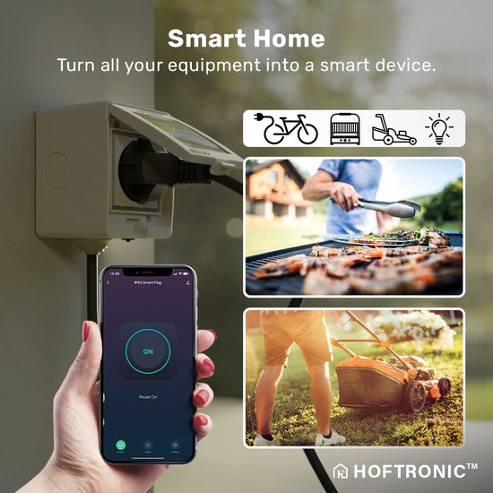 HOFTRONIC - Set van 6 Slimme Stekkers buiten - IP55 Waterdicht voor binnen en buiten - Slim buitenstopcontact - WiFi + Bluetooth 16A - Bediening via App - Compatibel met Google Home & Alexa - Smart Home