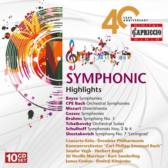Albumhoes met de titel SYMPHONIC Highlights, 40 YEAR ANNIVERSARY DIGITAL CAPRICCIO 10CD SET