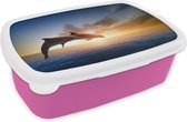 Broodtrommel Roze - Lunchbox - Brooddoos - Twee springende dolfijnen in het water - 18x12x6 cm - Kinderen - Meisje