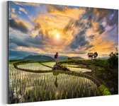 Wanddecoratie Metaal - Aluminium Schilderij Industrieel - De mooie rijstvelden van Thailand onder een geweldig gekleurde lucht - 30x20 cm - Dibond - Foto op aluminium - Industriële muurdecoratie - Voor de woonkamer/slaapkamer
