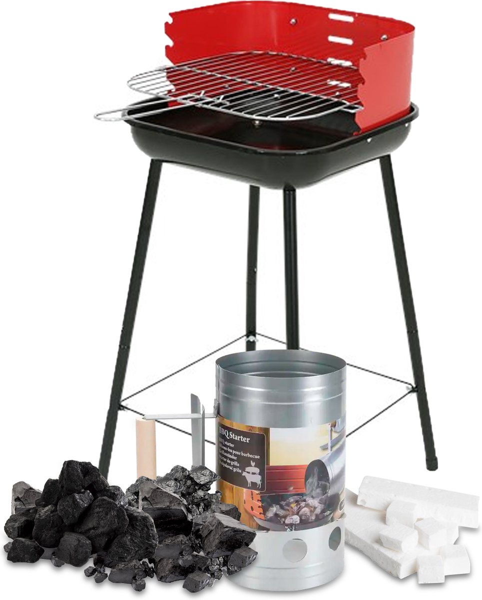 Luxe Barbecue Set met Houtskoolbarbecue Houtskoolstarter Houtskool Briketten en Aanmaakblokjes – Barbecues Handschoenen - Tang Accesoires - Rooster - Tangen - Spatel - RVS - Kolen - Starter - Houder