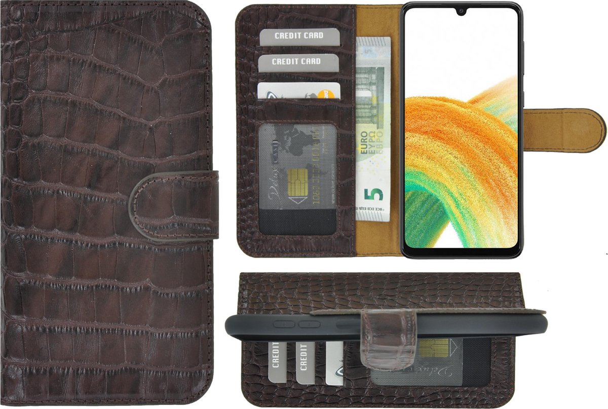 MoDo hoesje geschikt voor Samsung Galaxy A33 5G - Leer Book Case - Croco chocoladebruin