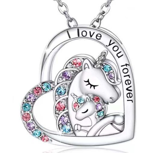 Eenhoorn ketting - Unicorn ketting - Ketting meisje - Zilver kleurig staal - Ketting kinderen meisjes - Meisje zilver met hanger - I love you forever