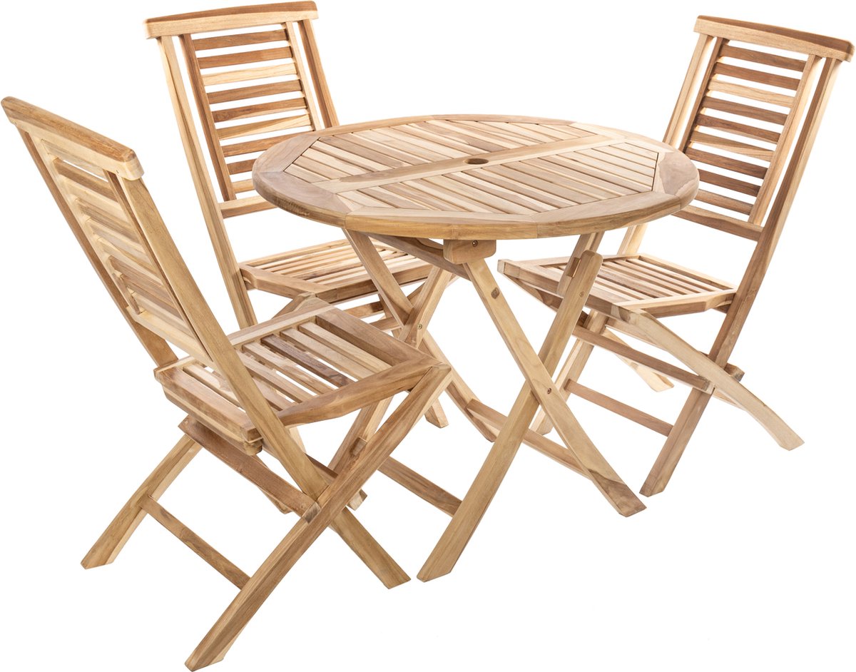 PrimeMatik - Set ronde tafel 90 cm en 3 stoelen voor buitentuin in gecertificeerd teakhout
