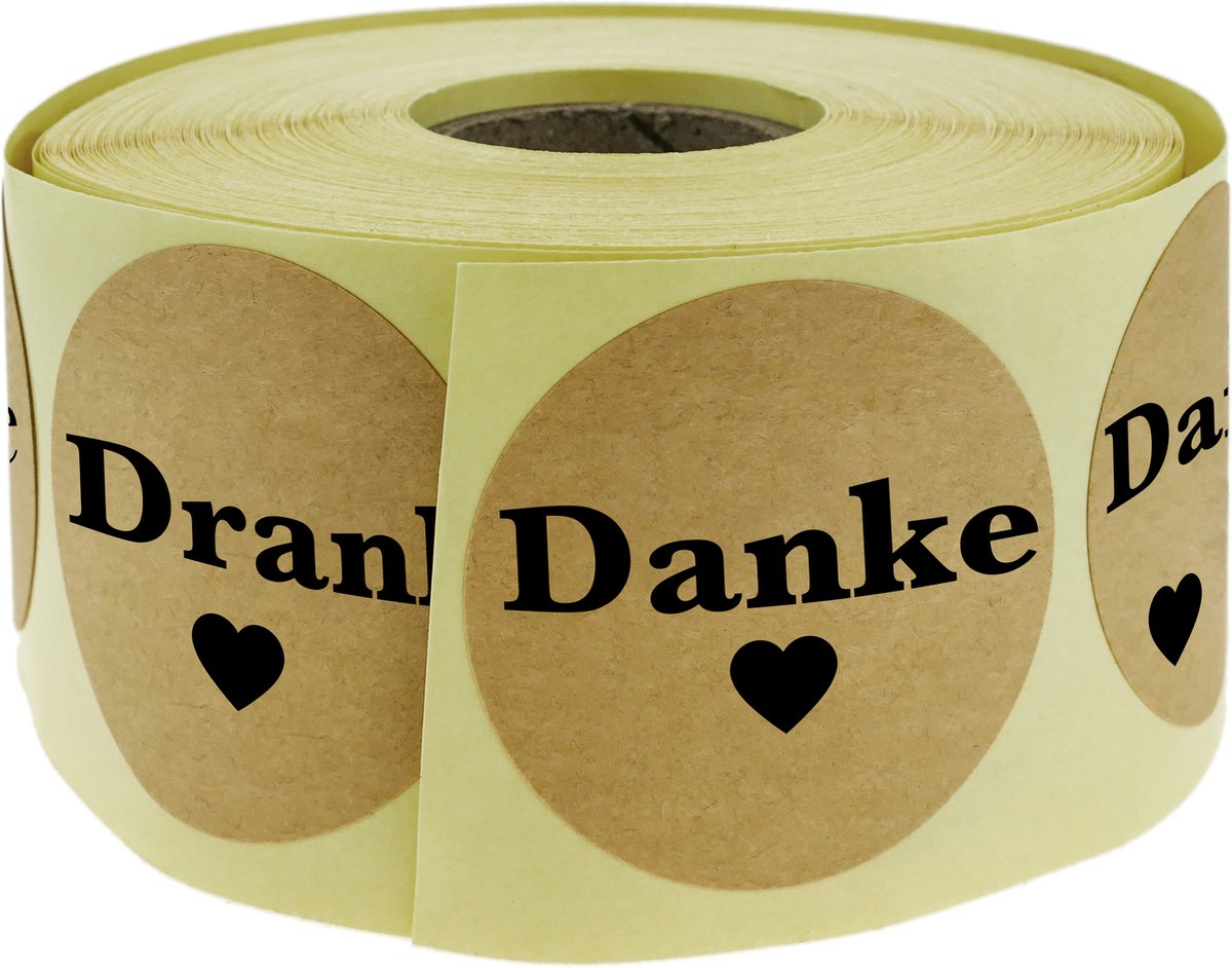 PrimeMatik - Ronde kraftpapier stickers "Danke" 25 mm, rol van 500 etiketten, bruine kleur