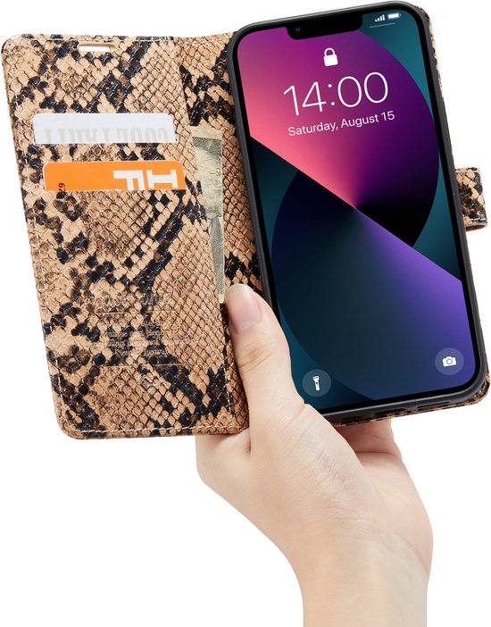 Apple iPhone 13 Mini Casemania Case Beige - Luxe Tuyaux Wallet Book Case - Porte-cartes et languette magnétique