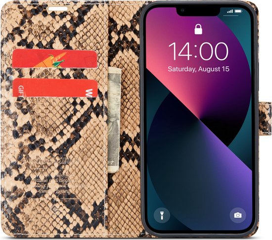 Apple iPhone 13 Mini Casemania Case Beige - Luxe Tuyaux Wallet Book Case - Porte-cartes et languette magnétique