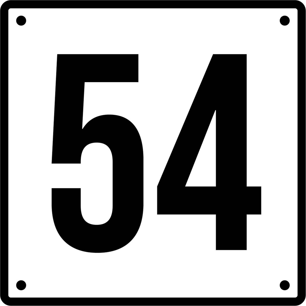 Huisnummerbord 54 - Incl. Schroeven en Pluggen – Acrylaat - 10 x 10 cm - Wit met Zwart