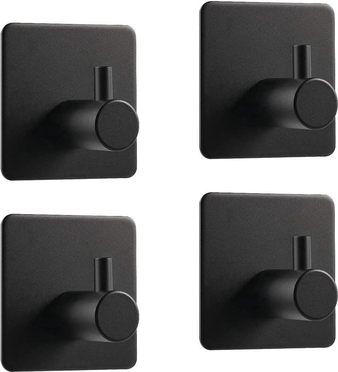 Repus - Ophanghaken - Zelfklevend - Houder/hanger voor doeken - Roestvrij - Set van 4 - Vierkant design - Zwart