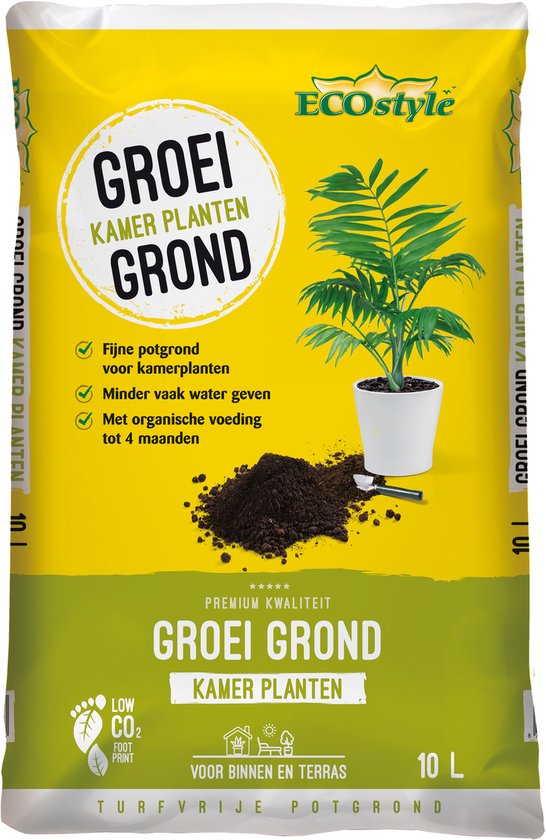 ECOstyle GroeiGrond Kamerplanten Fijne Potgrond - Turfvrij - Voor Binnen en Terras - met Organische Voeding - Minder Water Geven - 10 L