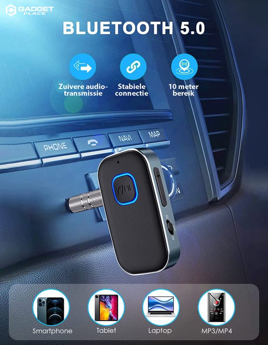 Bluetooth transmitter 5.0 in een auto dashboard, naast "Phone", "Navi", "Map". Verbonden met smartphone, tablet, laptop, mp3/mp4.