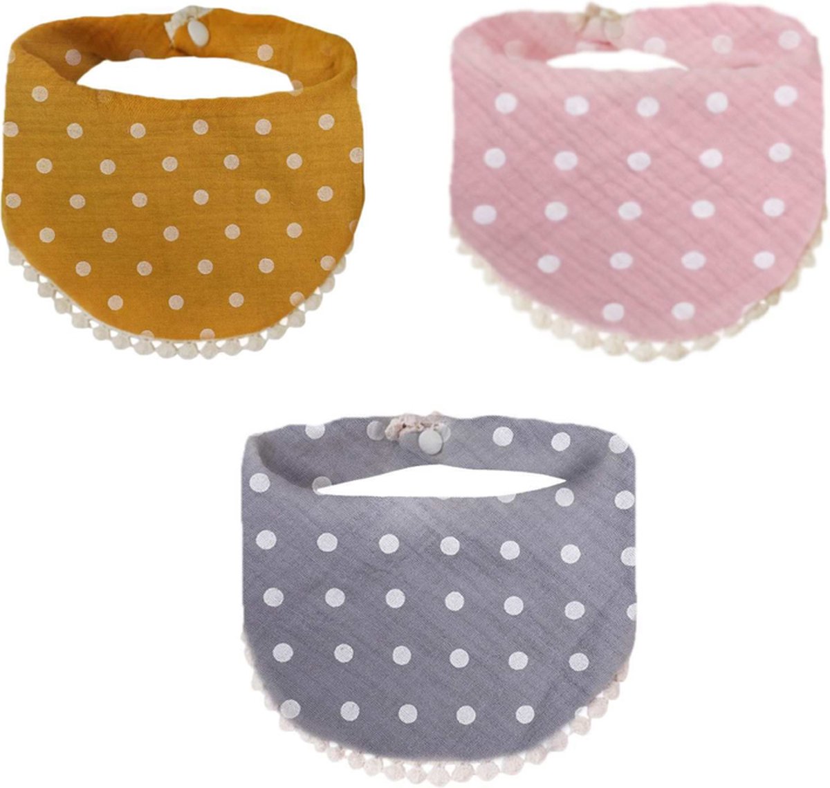 Goedkoopste Without Lemon - Hippe Slabbetjes met Franjes - Hydrofiel - Katoen - Set van 3 stuks - Verstelbaar - Polka-dots Mix