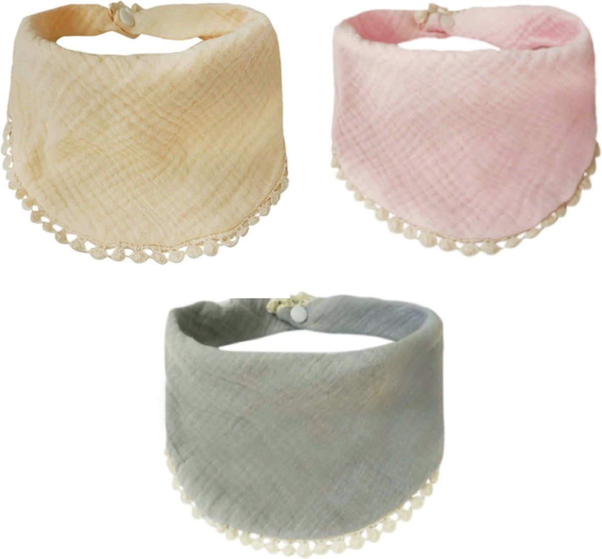 Goedkoopste Without Lemon - Hippe Slabbetjes met Franjes - Hydrofiel - Katoen - Set van 3 stuks - Verstelbaar - Pastel Mix