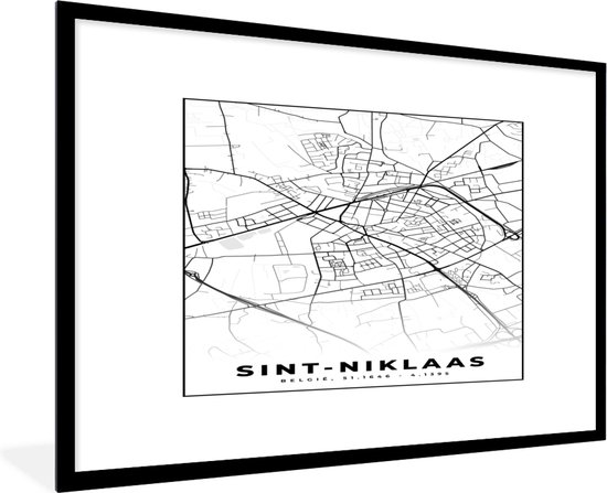 Cadre photo avec poster Zwart et Wit- Plan de ville - Carte - België - Zwart et Wit - Sint Niklaas - Carte - 120x80 cm - Cadre poster