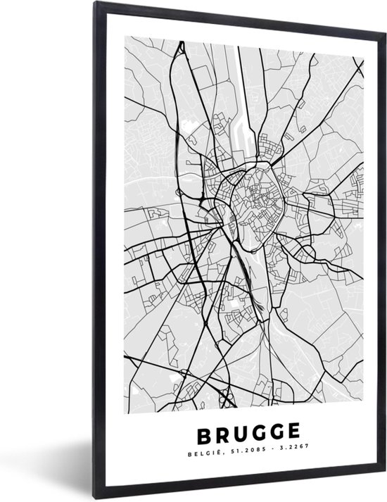 Fotolijst incl. Poster Zwart Wit- Stadskaart – Zwart Wit - Kaart – Brugge – België – Plattegrond - 20x30 cm - Posterlijst
