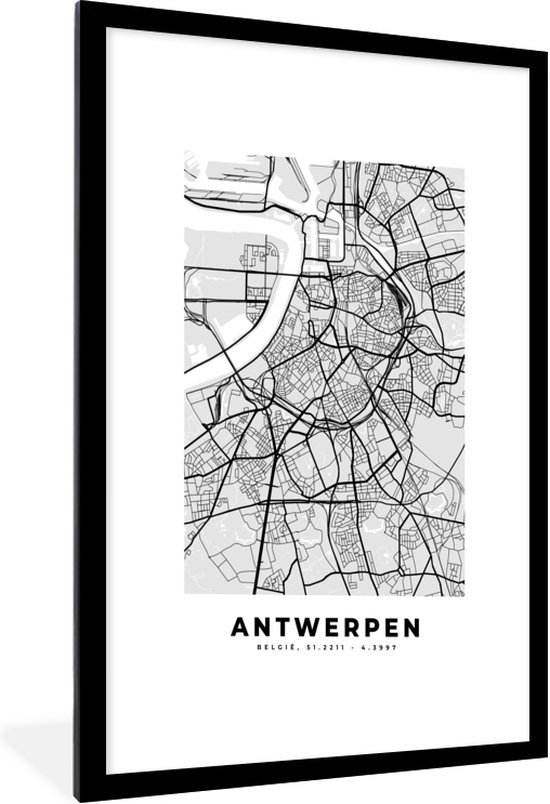 Fotolijst incl. Poster Zwart Wit- Zwart Wit – België – Plattegrond – Stadskaart – Kaart – Antwerpen - 60x90 cm - Posterlijst