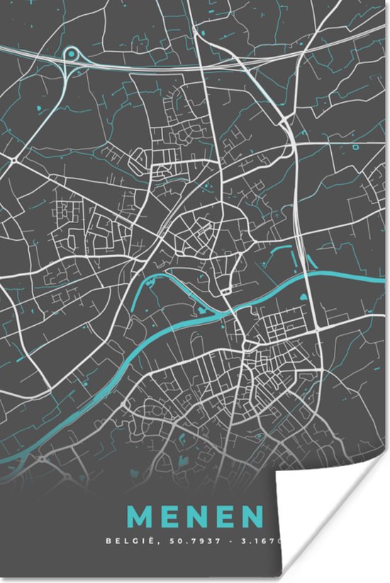 Affiche België – Menin – City Map – Map – Blauw – Map - 120x180 cm XXL