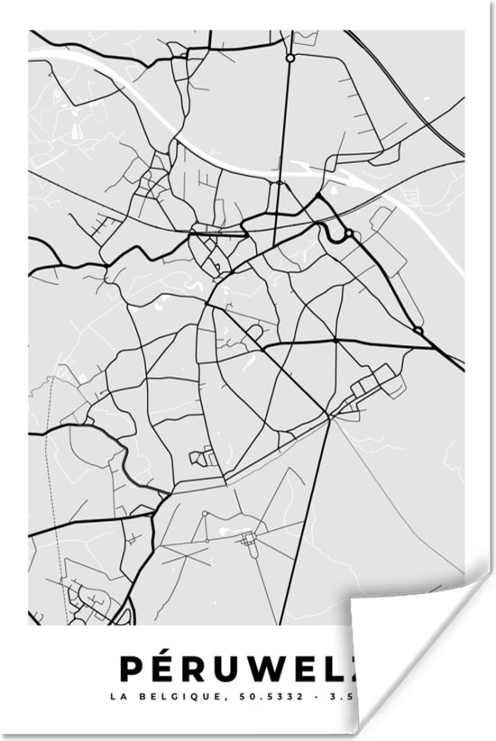 Poster Stadskaart – Plattegrond – België – Zwart Wit – Péruwelz – Kaart - 120x180 cm XXL