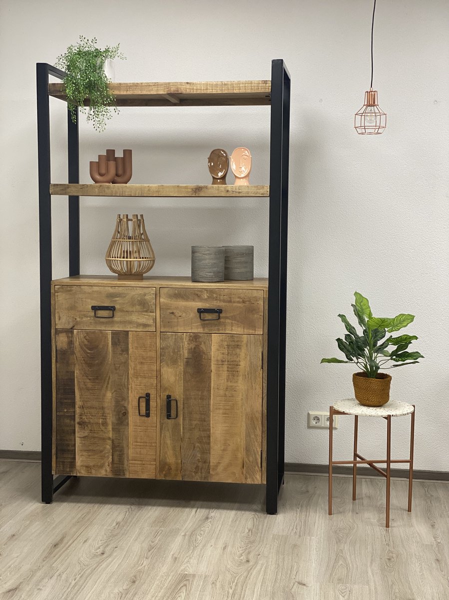 Buffetkast vitrinekast boekenkast industrieel mangohout 110x45x200
