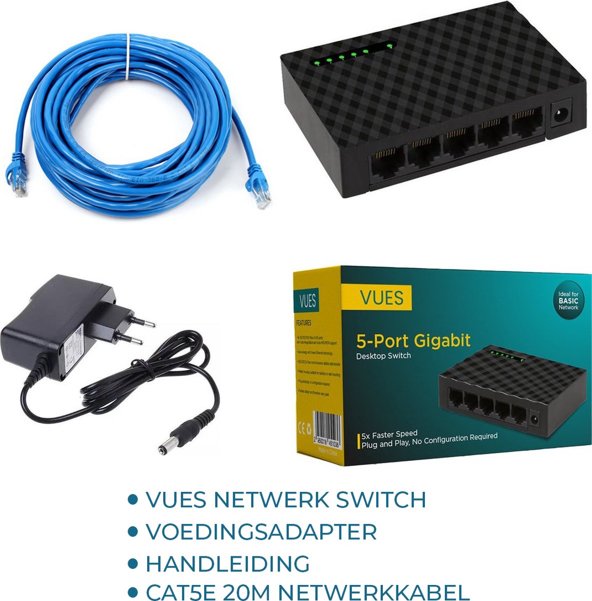 Netwerk Switch - Tot 1000Mbps - 5 Poorten - Inclusief CAT5E netwerkkabel -  Internet... | bol.com