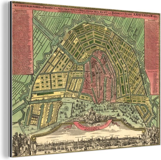 Historische stadskaart van het Nederlandse Amsterdam Aluminium - Plattegrond 80x60 cm - Foto print op Aluminium (metaal wanddecoratie)