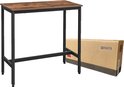Smalle bartafel met bruin houten blad en zwart metalen frame, met een verpakking ernaast.