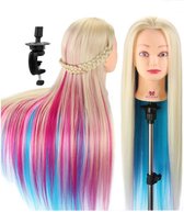 Mandy’s Professionele Oefenhoofd - Kappershoofd - Haar Oefenpop - 90% Echt Haar - Lengte 70 cm - Blond, Roze, Blauw - Incl. Tafelklem