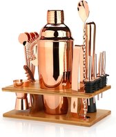 Jekkie 16-delige luxe cocktail shaker set met bamboehouder - Complete cocktail set - Cocktail shaker - Incl. Receptenboek - RVS - Roségoud - 750 ML